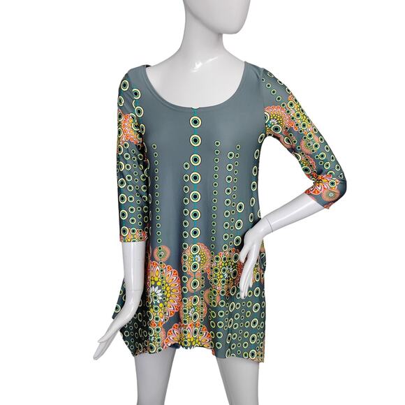 White Mark Rella Tunic Top Size Small Gray, Green and Orange 3/4 Sleeve Pockets - Picture 3 of 8